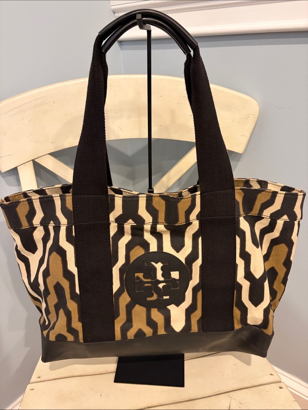 Tory Burch Ella Tote Canvas Bag in Black, Brown & Cream